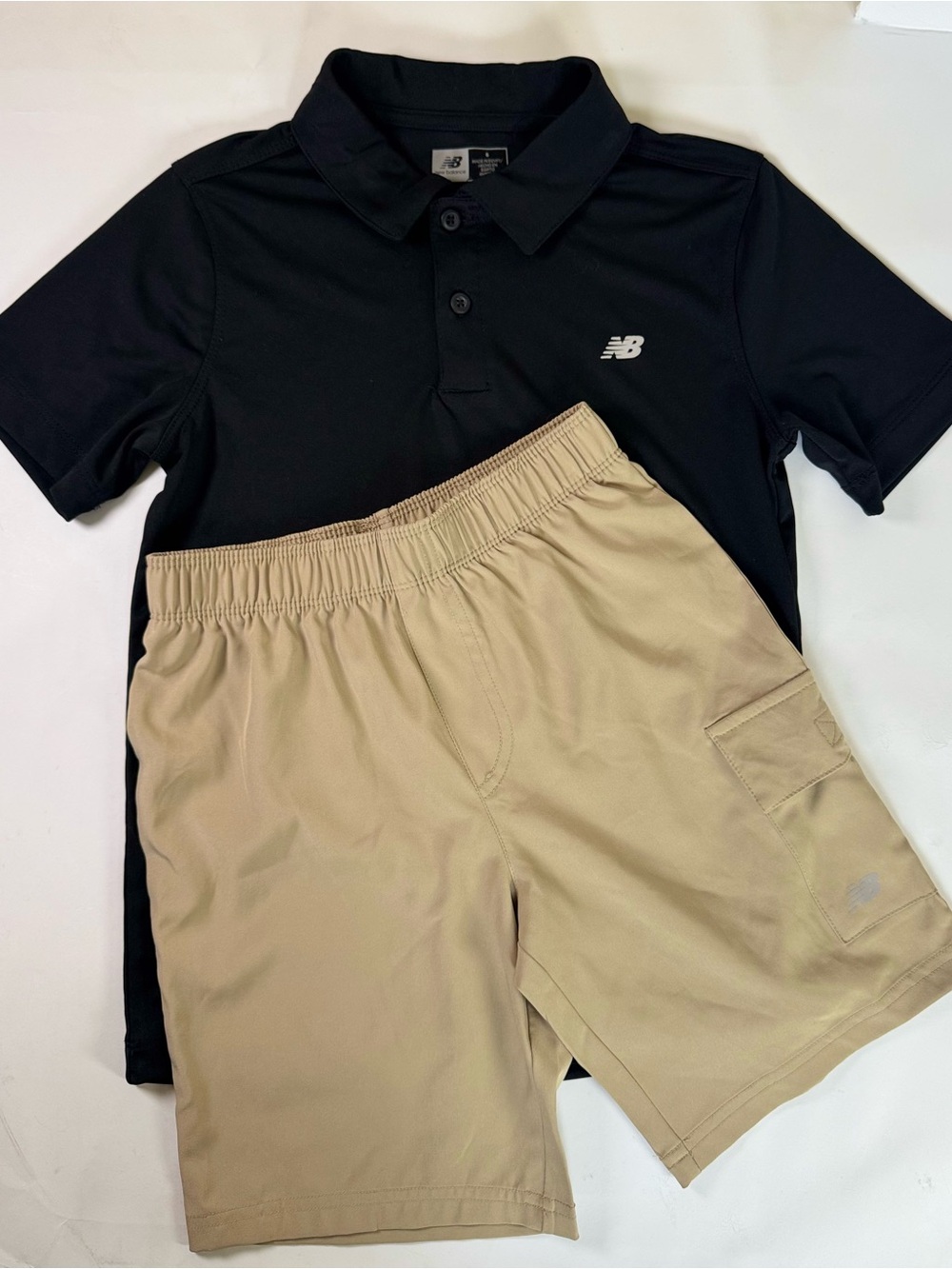 New Balance Boys Set Black Polo with Tan Shorts Size 8